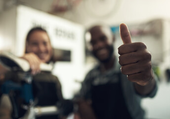 Aufkleber - Were the best repair shop in the city. Shot of two unrecognizable business owners standing together and making a thumbs up hand gesture in their bicycle shop.