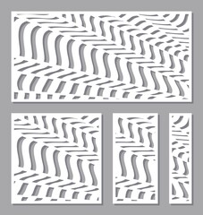 Wall Mural - Set of panels with abstract geometric pattern. Stencils, lattice of square, rectangular shape with waves, lines, rays. Template for plotter laser cutting of paper, metal engraving, wood carving, cnc.