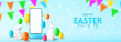 Happy Easter holiday horizontal banner. Easter banner with smartphone on podium, eggs, rabbit, bunny, golden confetti and garland on blue background. Vector illustration with 3d decorative objects.