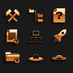 Poster - set computer network, ufo flying spaceship, , rocket with fire, unknown directory and document icon.