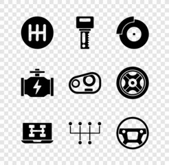 Poster - Set Gear shifter, Car key with remote, brake disk caliper, Diagnostics condition of car, Steering wheel, Check engine and headlight icon. Vector