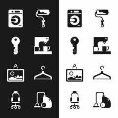 Wall Mural - Set Coffee machine, House key, Washer, Paint roller brush, Picture, Hanger wardrobe, Vacuum cleaner and Office chair icon. Vector