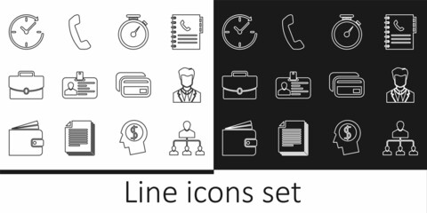 Wall Mural - Set line Referral marketing, User of man business suit, Stopwatch, Identification badge, Briefcase, Clock with arrow, Credit card and Telephone handset icon. Vector