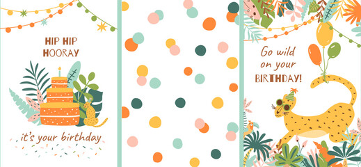 Wild birthday party cards set. Jungle party posters collection. Jungle animal party banners With birthday cake. Bright summer safari graphic design. Summer background wild and free Vector illustration