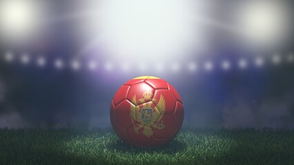 Soccer ball in flag colors on a bright blurred stadium background. Montenegro. 3D image