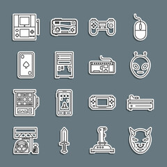 Canvas Print - Set line Mask of the devil with horns, Video game console, Alien, Gamepad, Computer, Playing card diamonds, Portable video and keyboard icon. Vector