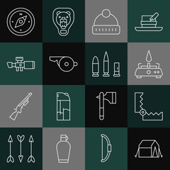 Sticker - Set line Tourist tent, Trap hunting, Camping gas stove, Winter hat, Whistle, Sniper optical sight, Compass and Bullet and cartridge icon. Vector