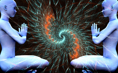 Wall Mural - Silhouette of a girl in Lotus position on the background of the fractal universe. A state of trance and deep meditation. A spiritual journey in the universe. 3D illustrations.