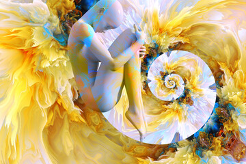 Wall Mural - A woman in the fetal position against the background of the fractal universe. 3D illustration. A mystical journey through the vast universe.