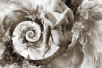 Wall Mural - A woman in the fetal position against the background of the fractal universe. 3D illustration. A mystical journey through the vast universe.