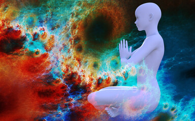 Wall Mural - Silhouette of a girl in Lotus position on the background of the fractal universe. A state of trance and deep meditation. A spiritual journey in the universe. 3D illustrations.