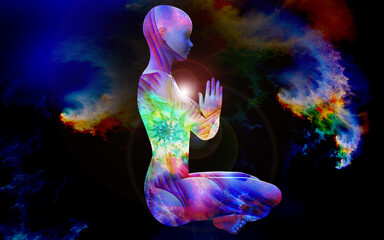 Wall Mural - Silhouette of a girl in Lotus position on the background of the fractal universe. A state of trance and deep meditation. A spiritual journey in the universe. 3D illustrations.