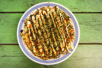 Freshly made Japanese okonomiyaki ready to eat