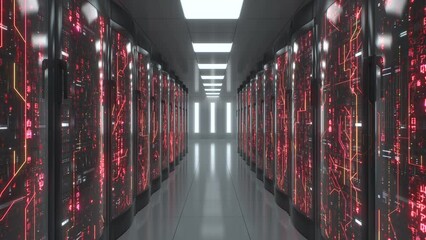 Wall Mural - Red color symbols and connections on server racks. Working big data center visualisation