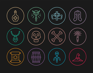 Wall Mural - Set line Witch hat, Magic wand, Christian cross, Skull, Necklace amulet, Bottle with potion, Crossed human bones and staff icon. Vector