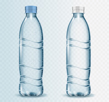 Transparent Realistic Vector Mineral Water Plastic Bottle For Your Advertising With Water Drops. Blue Background 