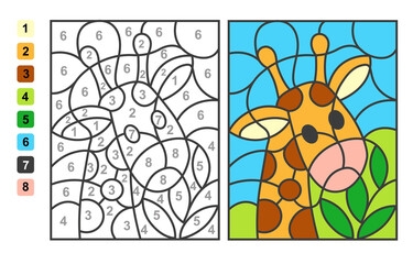 Simple level vector coloring zoo animal giraffe, color by numbers. Puzzle game for children education