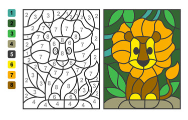 Wall Mural - Simple level vector coloring zoo animal lion, color by numbers. Puzzle game for children education