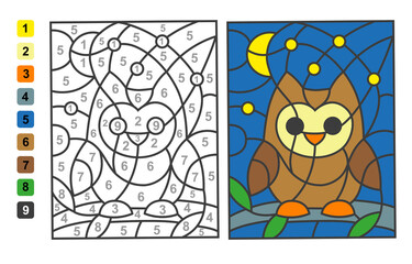 Wall Mural - Simple level vector coloring wild animal bird owl, color by numbers. Puzzle game for children education