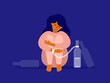 Female alcoholism concept. Unhappy drinker woman chained to alcohol drink bottle sitting hugging knees. Sad drunk wife or alcoholic mother. Social issue, alcohol abuse, addiction. Vector illustration