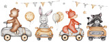 Fototapeta Fototapety na ścianę do pokoju dziecięcego - Set with animals on cars, balloons and garland; watercolor hand drawn illustration; with white isolated background