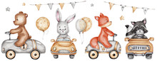 Set With Animals On Cars, Balloons And Garland; Watercolor Hand Drawn Illustration; With White Isolated Background