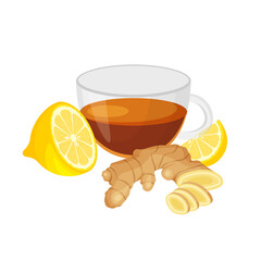 Black tea in glass cup with ginger and lemon. Fresh ginger root. Healty eating. Vegan illustration in trendy flat style isolated on white background. 