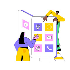 Poster - Foldable smartphone abstract concept vector illustration. Foldable technology, flexible electronic devices, smartphone trend, compact phone design, bendable screen, portability abstract metaphor.