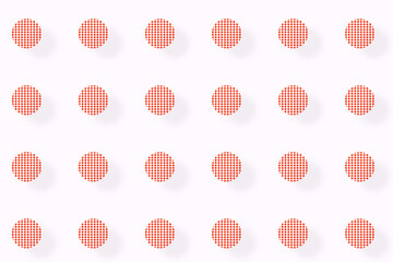 Wall Mural - Pattern of orange geometric shapes in retro, memphis 80s 90s style. Circles shapes of points on white background with shadows. Vintage abstract background