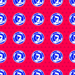 Poster - Blue Ancient coin icon isolated seamless pattern on red background. Vector