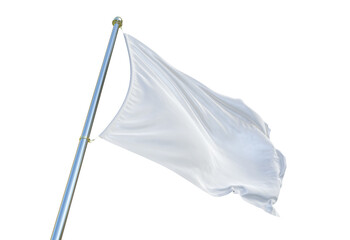 3d rendering White flag mock-up waving in the wind on flagpole. Waving perspective wiev white silk fabric flag. Isolated background