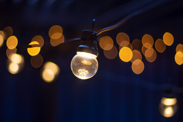 Electric lamp garlands with different size bulbs hanging in a cafe, attached to the ceiling. Evening party or wedding decorations. Outdoor Patio String Light-Connectable Globe Lights