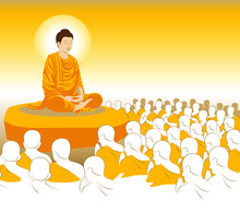 Beautiful Vector Of Lord Of Golden Buddha Enlightenment Mediating Sitting With Crowd Of Monk For Makha, Visakha, Asarnha Bucha, Visak And Buddhist Lent Day Asian Religion Holiday, Vintage Retro Style