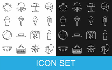 Poster - Set line Location on the globe, Bottle of water, Ice cream, Sun protective umbrella for beach, Lollipop, in waffle cone, and icon. Vector