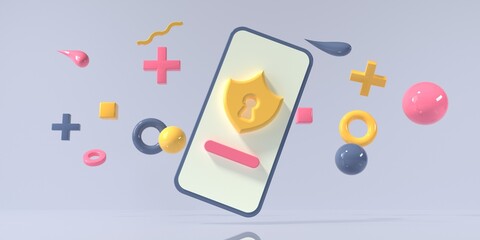 Poster - Cyber security theme with a smartphone and geometric shapes - 3D render