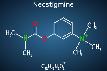 Sticker - Neostigmine molecule. It ischolinesterase inhibitor for symptomatic treatment of myasthenia gravis by improving muscle tone. Structural chemical formula on the dark blue background