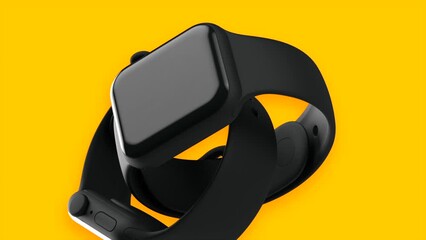 Poster - Animation with bright yellow background and the slow movement of black smart watch. Motion. Presentation of a new electronic device, modern technologies.