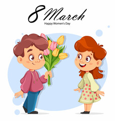 Sticker - Happy Women's day. Cute cartoon boy and girl