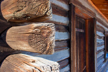 Close-up Detail Of Wild West Log Cabin Timbers And Wooden Door