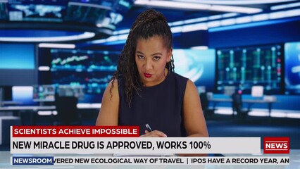 TV Live News Program: Female Presenter Reporting Good News, Running Line Full of Positivity. Television Cable Channel Newsroom Studio: Anchorwoman Talks About Science. Broadcasting Network Playback