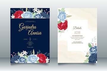 Elegant wedding invitation card with beautiful red navy blue floral and leaves template Premium Vector