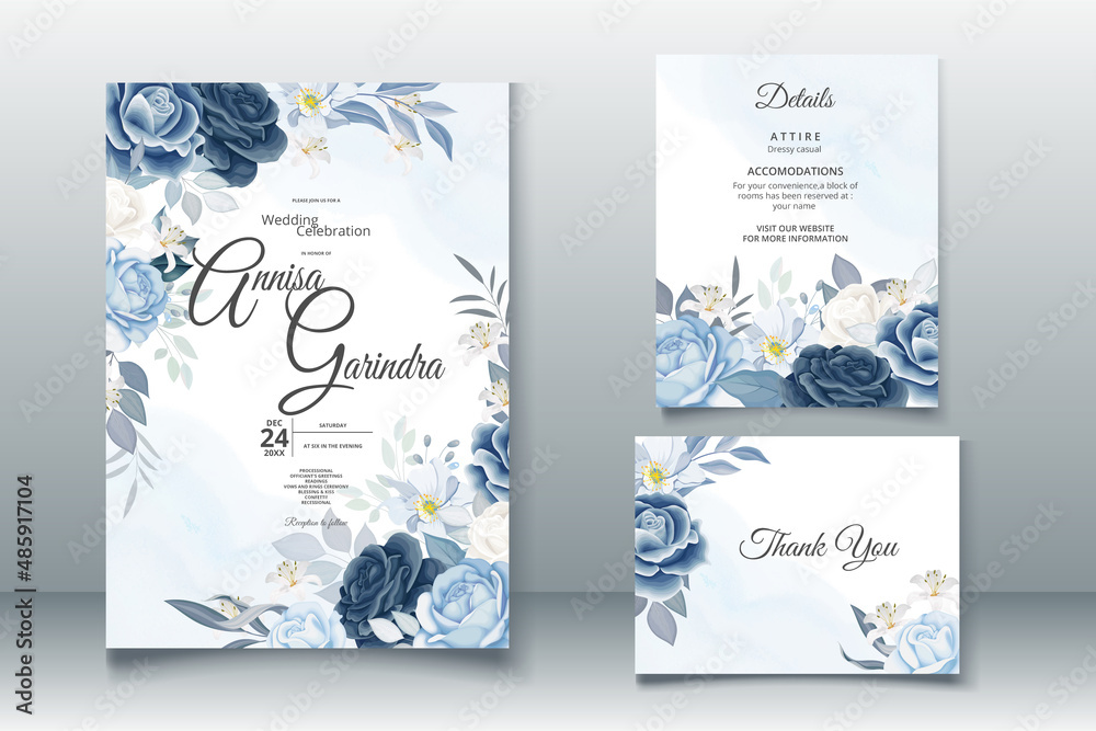 Elegant wedding invitation card with beautiful red navy blue floral and ...