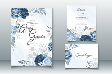 Sticker - Elegant wedding invitation card with beautiful red navy blue floral and leaves template Premium Vector