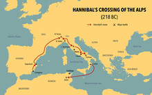Modern Map With The Route Of Hannibal Crossing Of The Alps