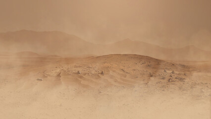 Poster - Safari and travel to Africa, extreme adventures or science expedition in a stone desert. The lifeless landscape of the red planet Mars