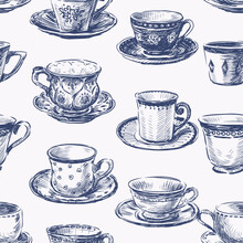 Seamless Pattern Of Sketches Set Various Vintage Tea Cups