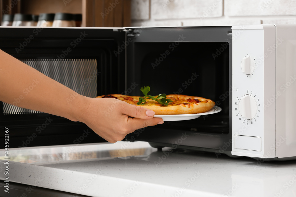 Woman putting plate with pizza into microwave oven in kitchen, closeup