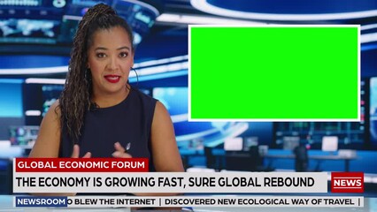 Newsroom TV Studio Live News Program: Black Female Presenter Reporting, Green Screen Chroma Key Screen Picture. Television Cable Channel Anchor Woman Talks. Network Broadcast Mock-up Playback. Static