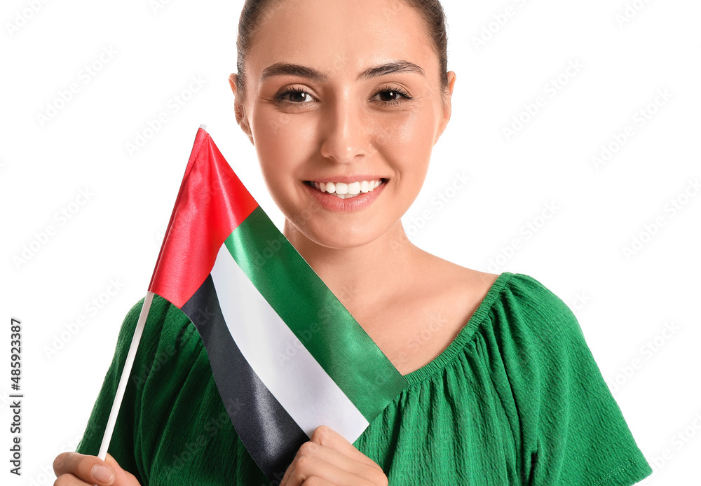 Pretty young woman with Mexican flag on white background