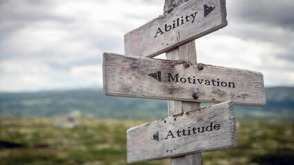 Poster - ability motivation attitude text quote on wooden signpost outdoors in nature. Slow pan and zoom 4k video footage.